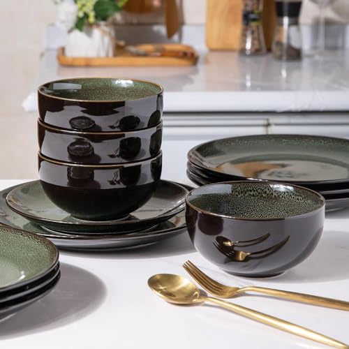 LeRatio Ceramic Dinnerware Sets for 6,Plates and Bowls Sets,Handmade Reactive Glaze Dishes Set,Chip Resistant and Scratch Resistant | Oven&Dishwasher & Microwave Safe,Service for 6-Green (18PCS) - Image 5