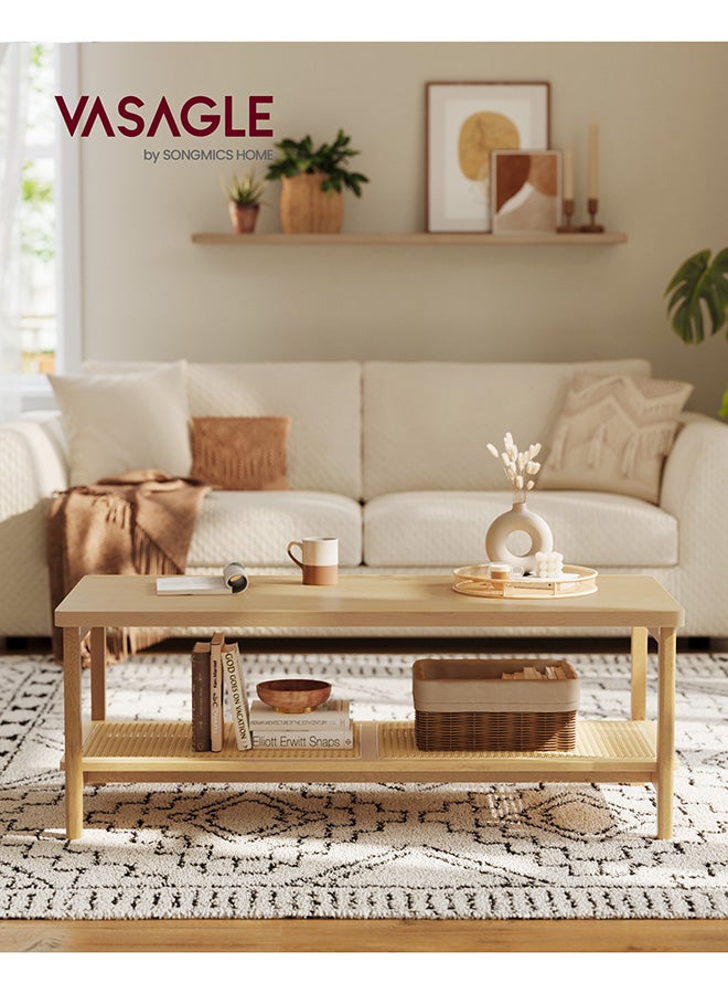 VASAGLE 2-Tier Coffee Table for Living Room, Rectangular Living Room Table, with PVC Rattan Storage Shelf, Rounded Corners, Easy Assembly, Boho Style, 120 x 55 x 45 cm, Oak Beige - Image 2
