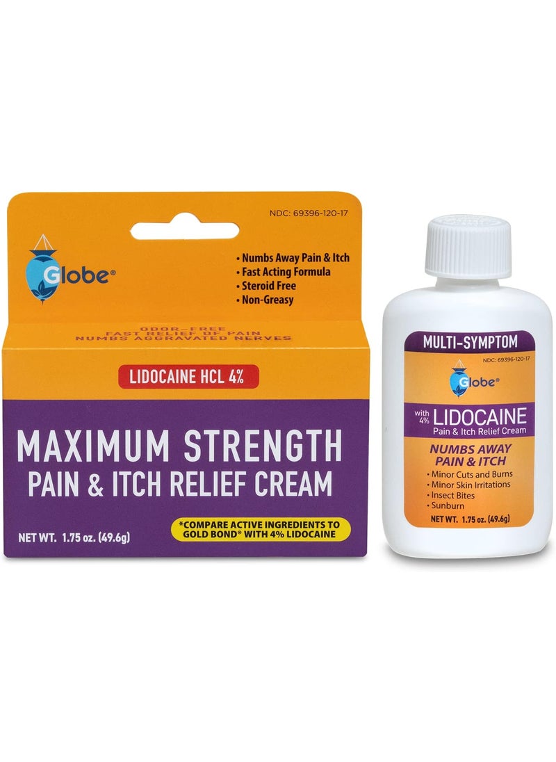 Globe Globe Lidocaine 4% Multi-Symptom Relief Cream 1.75 oz, Numbs Away Pain & Itch, Steroid Free Non-Greasy Formula (Compare to Gold Bond w/Lidocaine) 