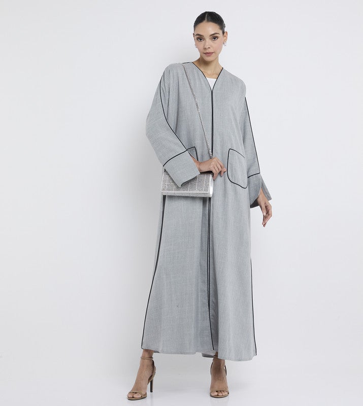 ROZA Elegant Grey Abaya with Pocket and contrast piping - Image 4