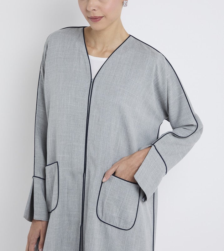 ROZA Elegant Grey Abaya with Pocket and contrast piping - Image 2