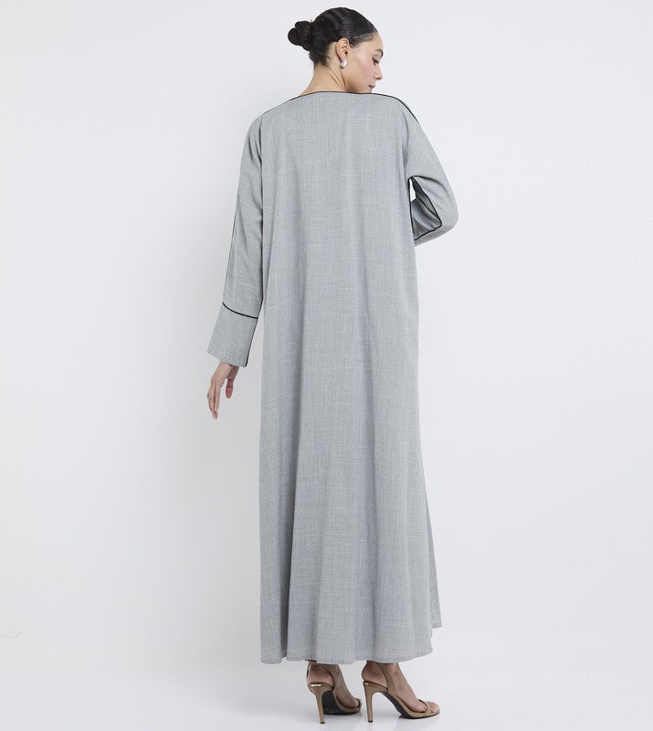 ROZA Elegant Grey Abaya with Pocket and contrast piping - Image 3