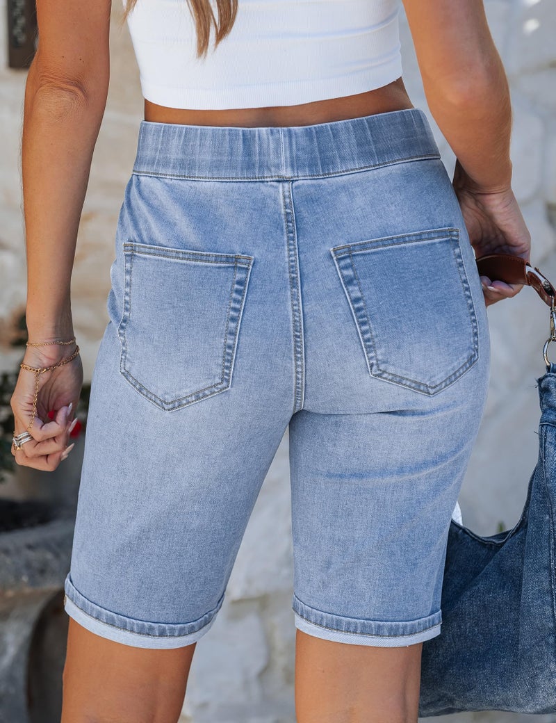 luvamia Bermuda Shorts for Women Jean Pull On Elastic Waist High Waisted Knee Length Fold Hem Stretchy Denim Long Walking Shorts Seaside Blue Size Small Fits US 4-6 - Image 3