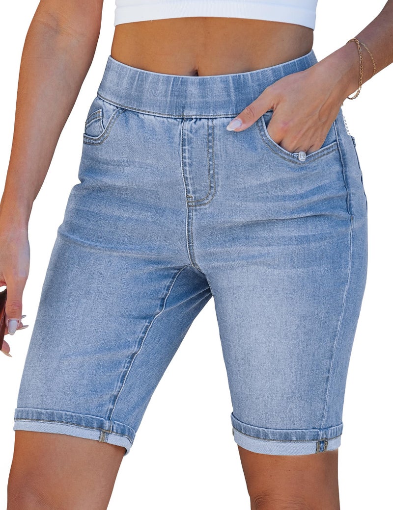 luvamia Bermuda Shorts for Women Jean Pull On Elastic Waist High Waisted Knee Length Fold Hem Stretchy Denim Long Walking Shorts Seaside Blue Size Small Fits US 4-6 - Image 1