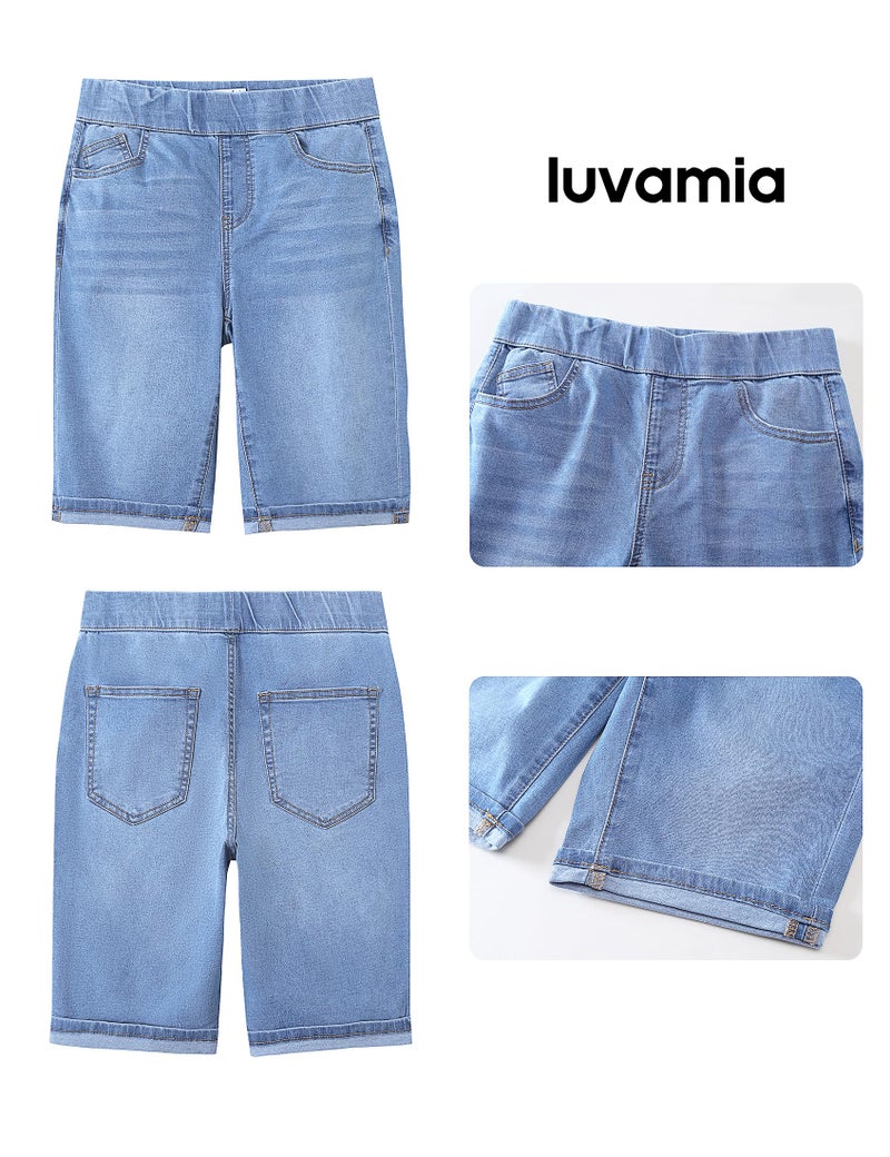 luvamia Bermuda Shorts for Women Jean Pull On Elastic Waist High Waisted Knee Length Fold Hem Stretchy Denim Long Walking Shorts Seaside Blue Size Small Fits US 4-6 - Image 5