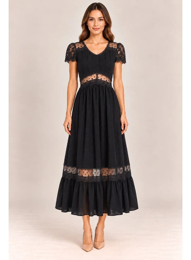 2Trendy Women's Black Midi Dress with Lace Details and Short Sleeves