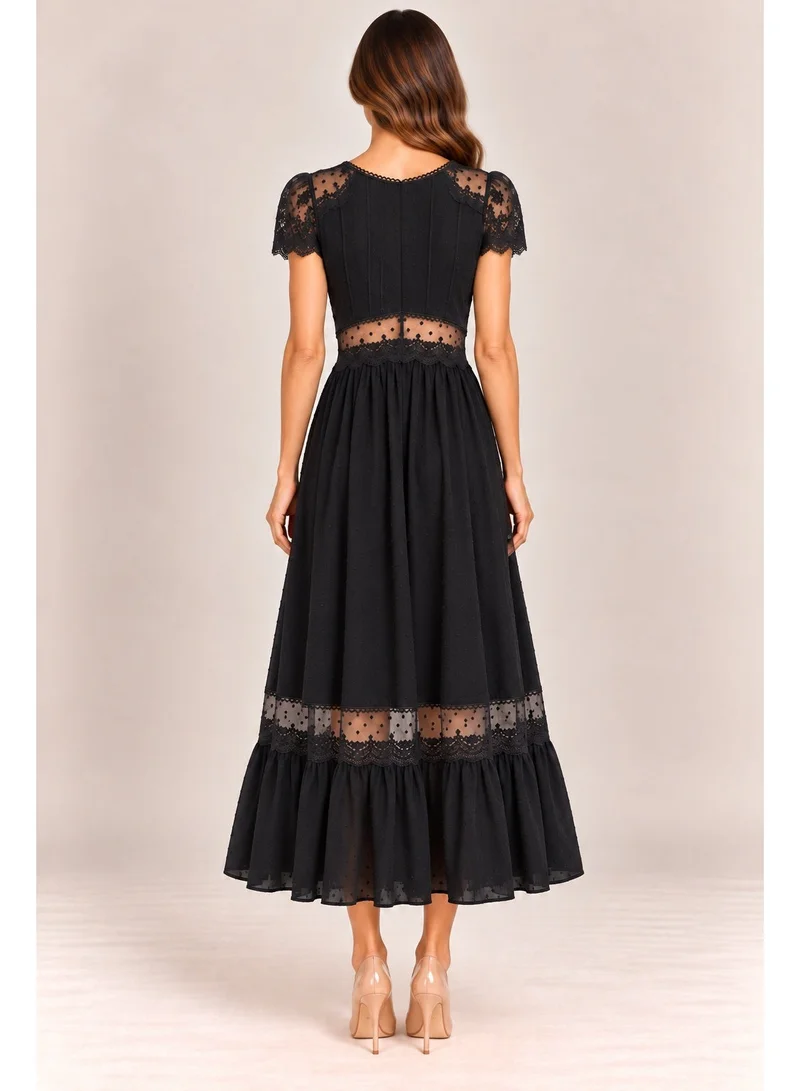 2Trendy Women's Black Midi Dress with Lace Details and Short Sleeves