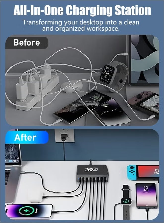 XiuWoo 268W GaN 8-Port USB C Charging Station - Fast PD/QC Wall Charger, 5 PD USB C 3 QC USB A Laptop Charger for MacBook, iPhone, iPad, Samsung - Image 2