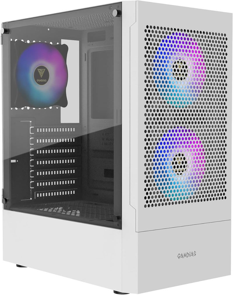 جامدياس علبة كمبيوتر ألعاب ZEUS باللون الأبيض بتقنية RGB، بتصميم برج متوسط ATX، مع لوح زجاجي مقسّى جانبي وفلتر غبار مغناطيسي و3 مراوح ARGB مدمجة بحجم 120 مم - Image 1