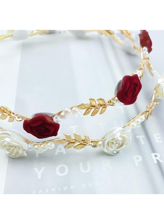 2 Pack Gold Metal Rose Flower Pearl Headband, Elegant Floral Hairband Wedding Headpiece Hair Jewelry for Women - Image 5