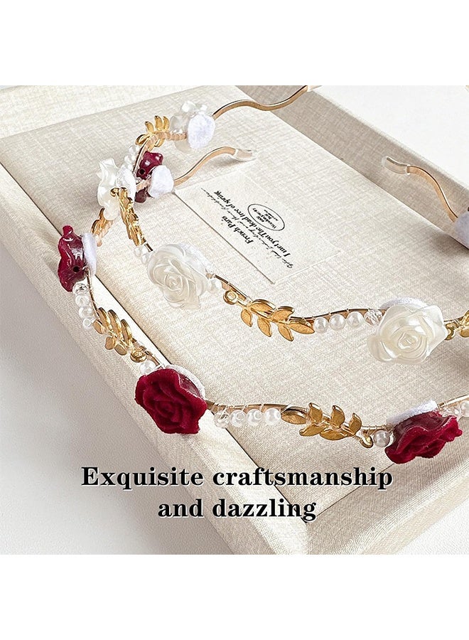 2 Pack Gold Metal Rose Flower Pearl Headband, Elegant Floral Hairband Wedding Headpiece Hair Jewelry for Women - Image 2