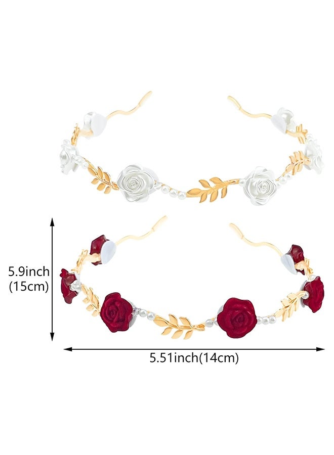 2 Pack Gold Metal Rose Flower Pearl Headband, Elegant Floral Hairband Wedding Headpiece Hair Jewelry for Women - Image 4