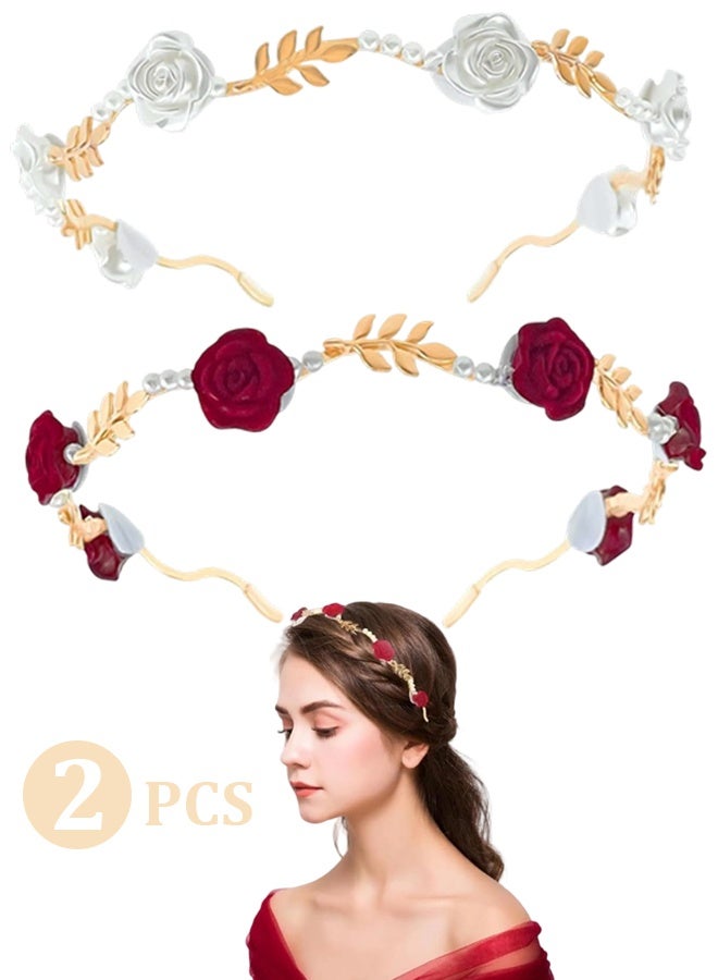2 Pack Gold Metal Rose Flower Pearl Headband, Elegant Floral Hairband Wedding Headpiece Hair Jewelry for Women - Image 1
