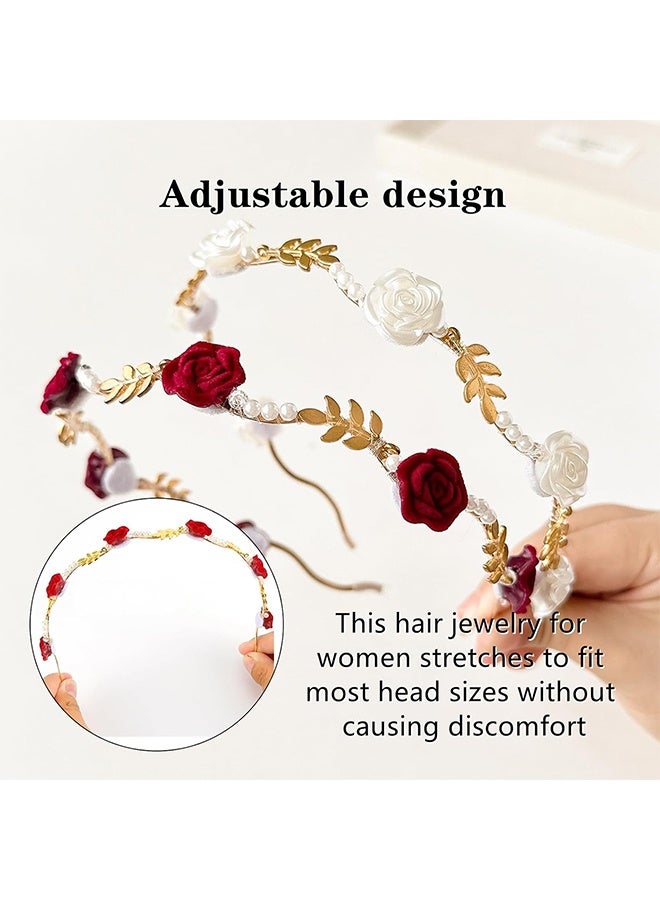 2 Pack Gold Metal Rose Flower Pearl Headband, Elegant Floral Hairband Wedding Headpiece Hair Jewelry for Women - Image 3
