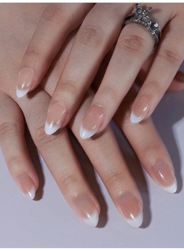 24-Piece Short Almond Shape French Press-On Nails Set – Nude to Milky White Gradient