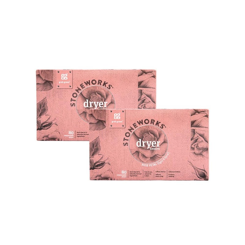 Grab Green Stoneworks CrueltyFree Dryer Sheets Softens Fabrics Freshens Clothing Reduces StaticCling and Wrinkles Plant Based Rose Petal Scent 160 Sheets