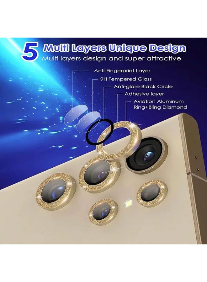 Glitter Golden Lens Protector For Galaxy S22 Ultra 9H Tempered Glass Aluminum Alloy Ring - Image 2