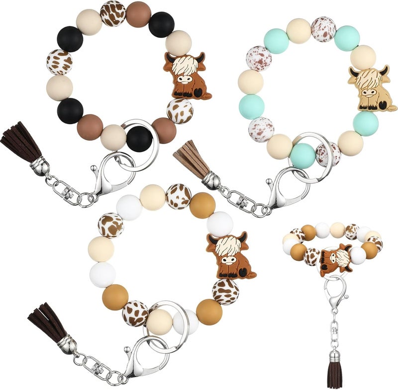 Sureio Sureio 3 Pcs Highland Cow Keychain Gift for Women Silicone Bracelet Keychain Bulk Western Wristlet for Car Keys with Leather Tassel - Image 1