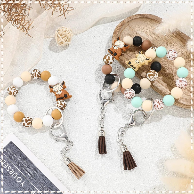 Sureio Sureio 3 Pcs Highland Cow Keychain Gift for Women Silicone Bracelet Keychain Bulk Western Wristlet for Car Keys with Leather Tassel - Image 5