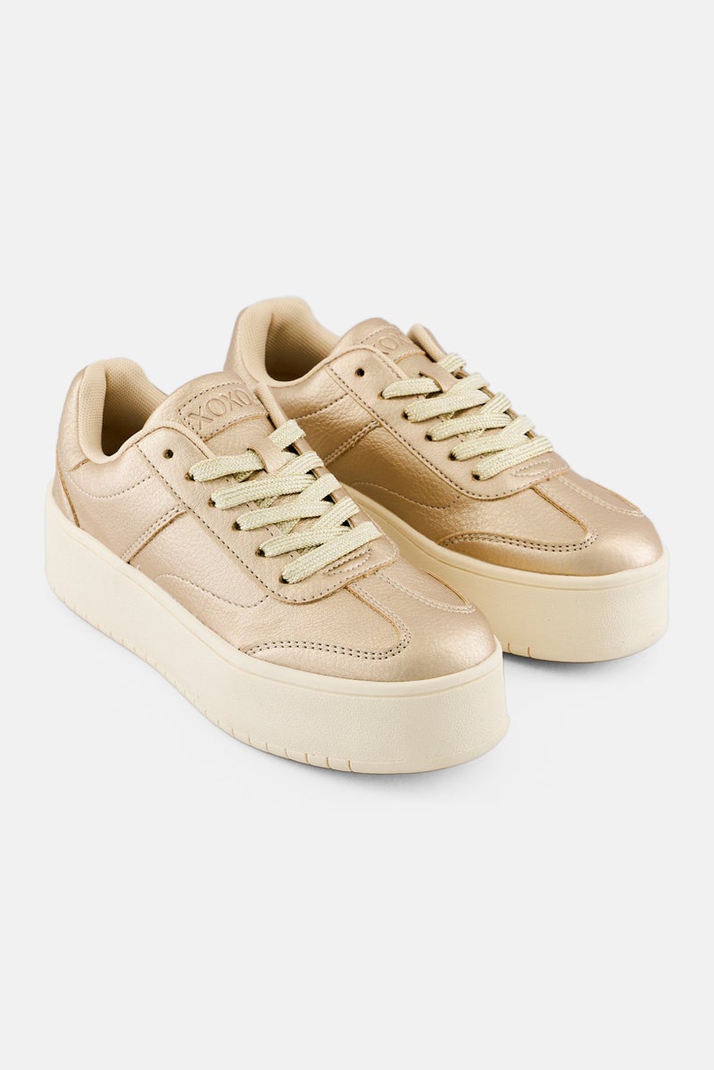 XOXO Women Leather Upper Lace Up Casual Shoes, Gold - Image 1