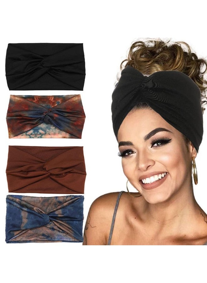 GORTIN Wide Headbands For Women Black Boho Headband Stretchy Head Wraps Leopard Knotted African Hair Bands Twist Sweatbands Turban Hair Accessory Tiedye Headscarf 4 Pack (Bfashion Tiedye) - Image 1