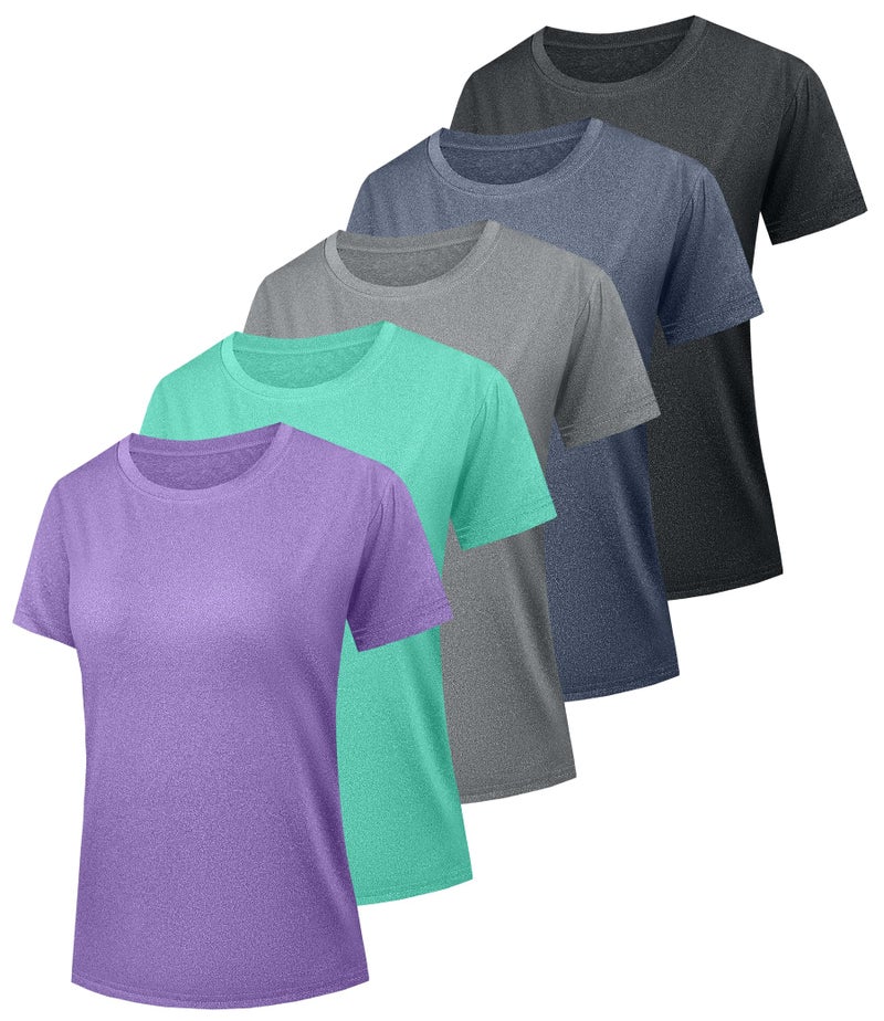 Kinglaman 5 Pack Women's Dry Fit Workout Top Short Sleeve Athletic Yoga Tee T-Shirts UPF 50+ UV Sun Protection Swim Shirts 1 Black 1 Gray 1 Blue 1 Purple 1 Green X-Large - Image 1