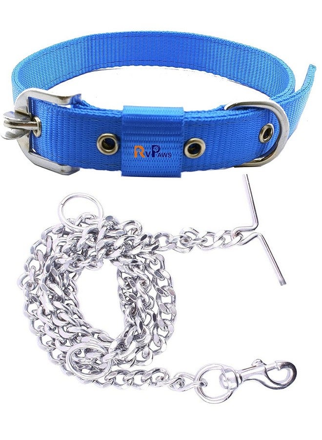 طوق نايلون للكلاب بقياس 1 بوصة مع سلسلة بطول 63 بوصة | حزام متين وسلسلة ثقيلة للكلاب والحيوانات الأليفة (أزرق) - Image 1