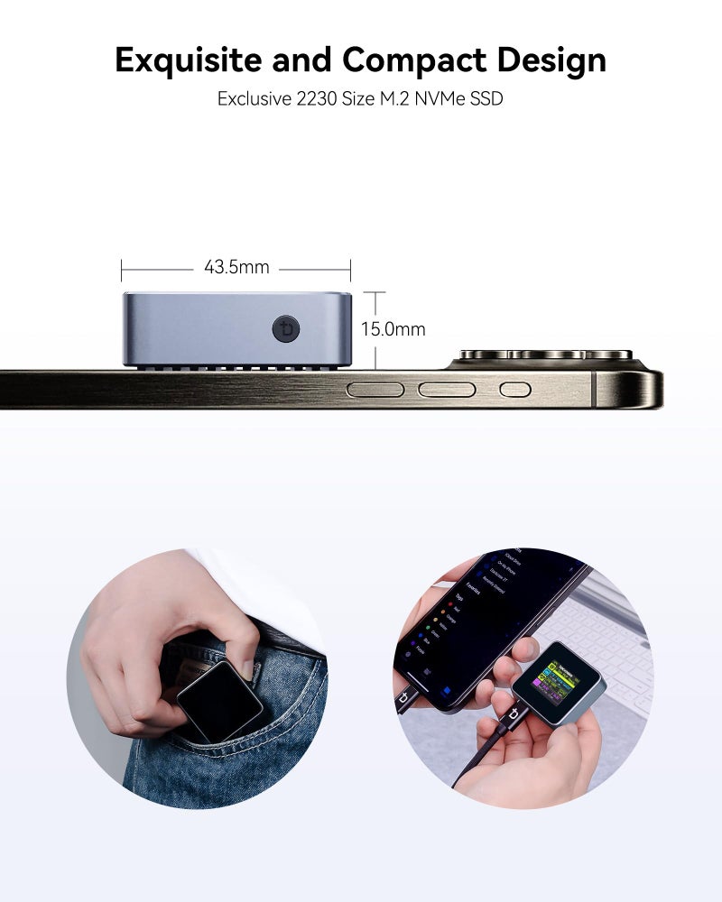 DockCase Pocket M.2 2230 NVMe SSD Enclosure,Support 3s PLP Prevents Write Data Loss,USB 3.2 Gen 2 Type-C (10 Gbps), fits NVMe PCIe, Exclusive to Size 2230,Support M-Key B+M Key UASP (Grey) - Image 4