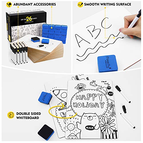 Magicfly ألواح بيضاء صغيرة من ماجيك فلاي، مجموعة من 26 لوح، ألواح بيضاء مصغرة 9x12 بوصة، ألواح بيضاء مزدوجة الجوانب للطلاب والمعلمين لوازم المدرسة مع 32 قلم و26 ممحاة - Image 3