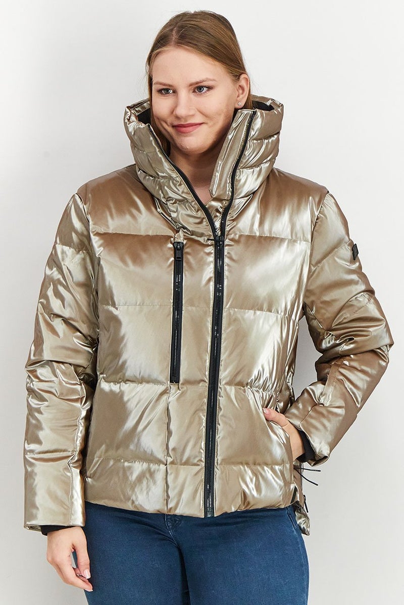 Tumi Women Long Sleeve Metallic Full Zip Puffer Jacket, Beige - Image 1