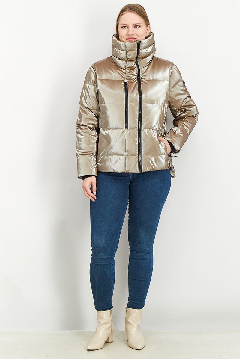 Tumi Women Long Sleeve Metallic Full Zip Puffer Jacket, Beige - Image 3