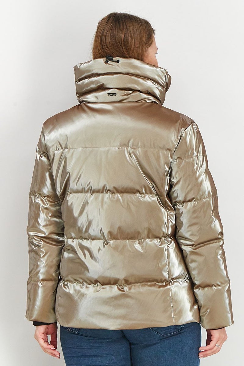 Tumi Women Long Sleeve Metallic Full Zip Puffer Jacket, Beige - Image 4