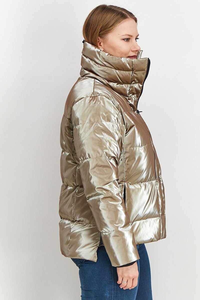 Tumi Women Long Sleeve Metallic Full Zip Puffer Jacket, Beige - Image 2