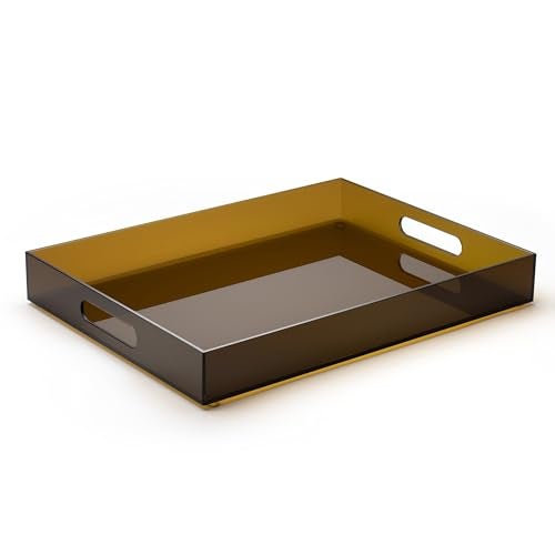 ATZYmolin 16x12 Large Acrylic Serving Tray Decorative Ottoman Coffee Table Vanity Tray Tea Fruit Platter Snack Appetizer Dessert Drink with Handles for Bar Kitchen Party Amber - Image 1