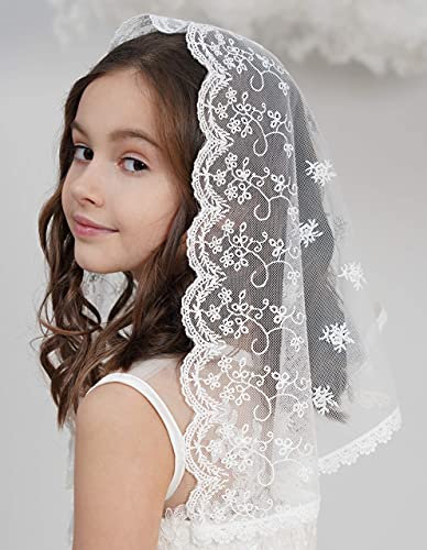 Leimandy Flowergirl Veils First Communion Veil Lace Headwrap for Grils Latin Mass Church Veil for Catholic Baptism F5 (Ivory) - Image 2