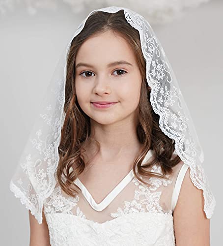 Leimandy Flowergirl Veils First Communion Veil Lace Headwrap for Grils Latin Mass Church Veil for Catholic Baptism F5 (Ivory) - Image 4