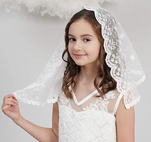 Leimandy Flowergirl Veils First Communion Veil Lace Headwrap for Grils Latin Mass Church Veil for Catholic Baptism F5 (Ivory) - Image 3