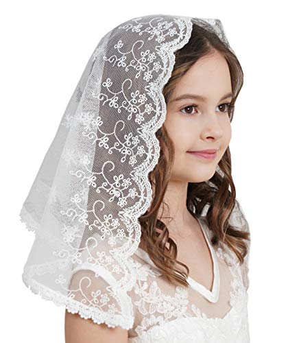 Leimandy Flowergirl Veils First Communion Veil Lace Headwrap for Grils Latin Mass Church Veil for Catholic Baptism F5 (Ivory) - Image 1