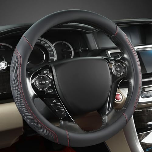 GIANT PANDA Microfiber Leather Steering Wheel Cover for Honda Accord,Civic,CR-V,HR-V,Pilot(Black+Red Line-Standard Size) - Image 1