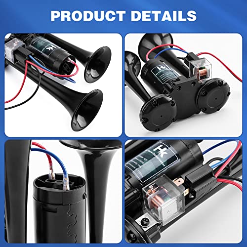 HK 12V 150db Air Horn for Truck, Super Loud Dual Trumpet Air Horn Kit with Compressor for Any 12V Vehicles Trucks Lorrys Trains Boats Cars Vans Kit (Black) - Image 2