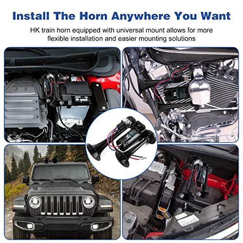 HK 12V 150db Air Horn for Truck, Super Loud Dual Trumpet Air Horn Kit with Compressor for Any 12V Vehicles Trucks Lorrys Trains Boats Cars Vans Kit (Black) - Image 3