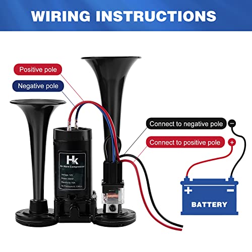 HK 12V 150db Air Horn for Truck, Super Loud Dual Trumpet Air Horn Kit with Compressor for Any 12V Vehicles Trucks Lorrys Trains Boats Cars Vans Kit (Black) - Image 5