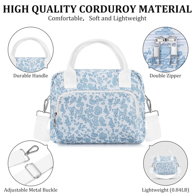 TESAFNG Lunch Box for Women Insulated Lunch Bag Cute Corduroy Lunch Tote Bags Lightweight Reusable Leakproof Cooler Bag with Adjustable Shoulder Strap for Work Office Travel Picnic (Blue Flower) - Image 5