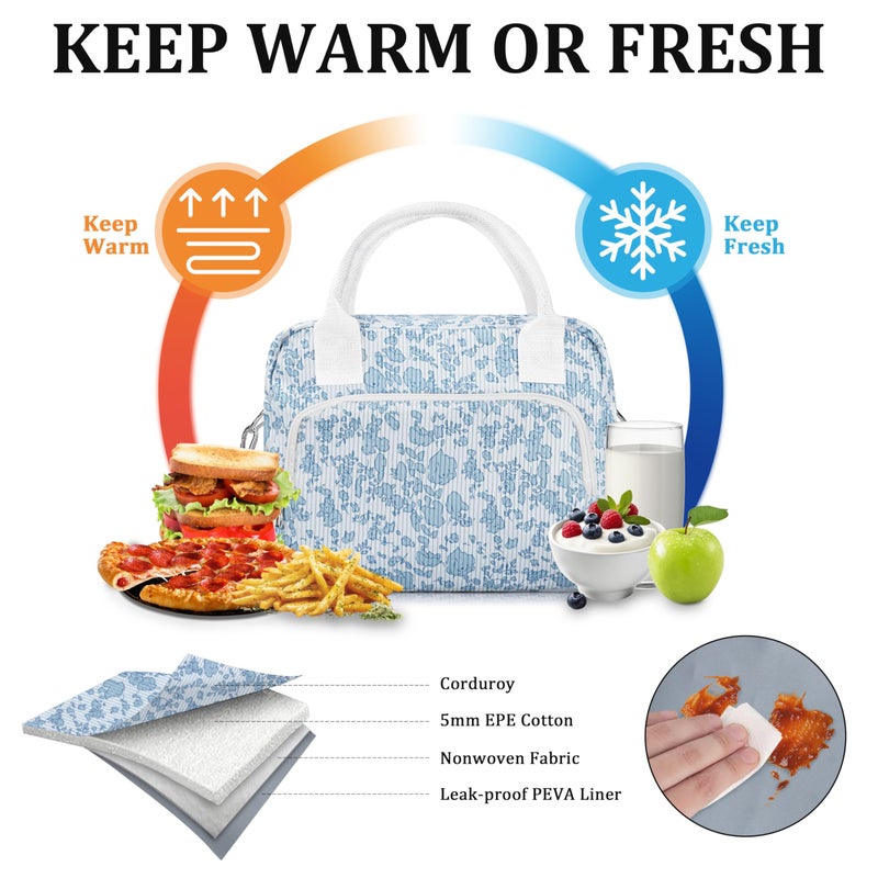 TESAFNG Lunch Box for Women Insulated Lunch Bag Cute Corduroy Lunch Tote Bags Lightweight Reusable Leakproof Cooler Bag with Adjustable Shoulder Strap for Work Office Travel Picnic (Blue Flower) - Image 3