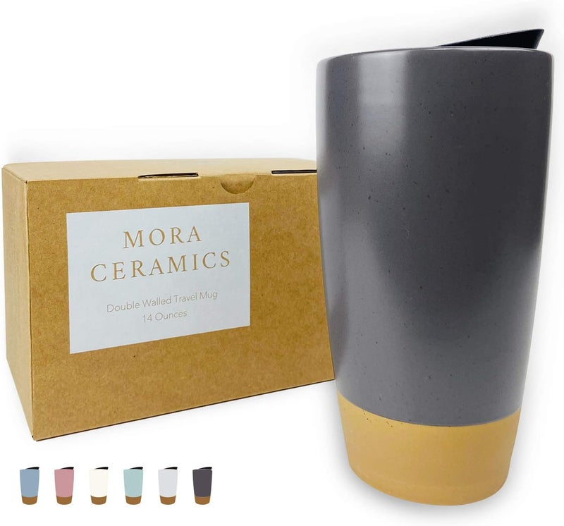 Mora Double Wall Ceramic Coffee Travel Mug with Lid, 14 oz, Portable, Microwave, Dishwasher Safe, Insulated Reusable Tall Cup, Splash Resistant Lid - To Go Tumbler for Car Cup Holder, Nightwaves - Image 1