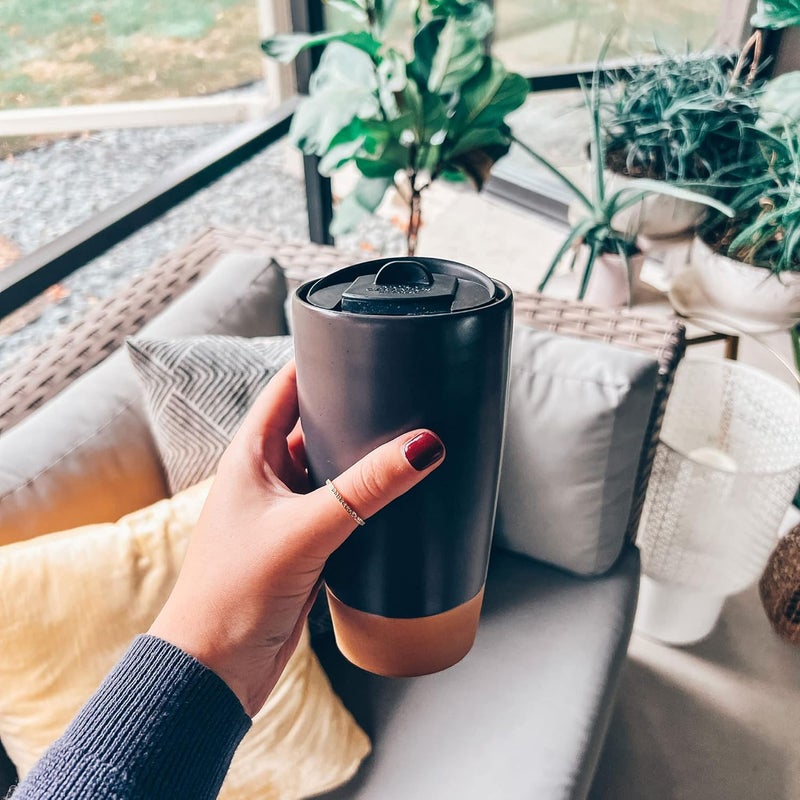 Mora Double Wall Ceramic Coffee Travel Mug with Lid, 14 oz, Portable, Microwave, Dishwasher Safe, Insulated Reusable Tall Cup, Splash Resistant Lid - To Go Tumbler for Car Cup Holder, Nightwaves - Image 5