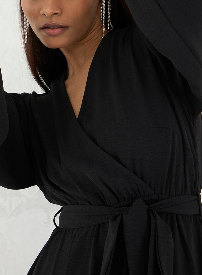 Femmella Black Solid V Neck Wrap Look A-Line Maxi Dress - Image 4