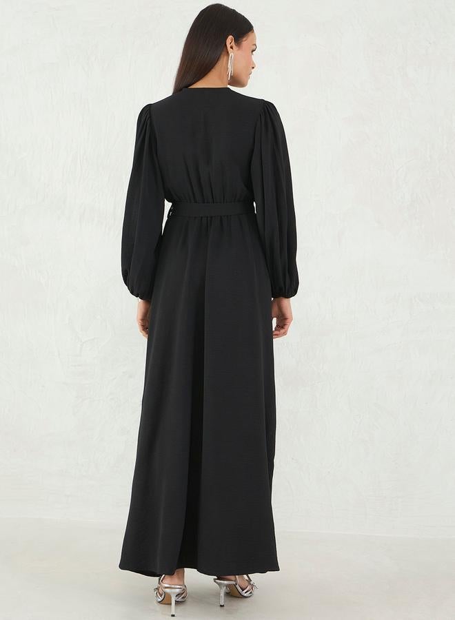 Femmella Black Solid V Neck Wrap Look A-Line Maxi Dress - Image 2