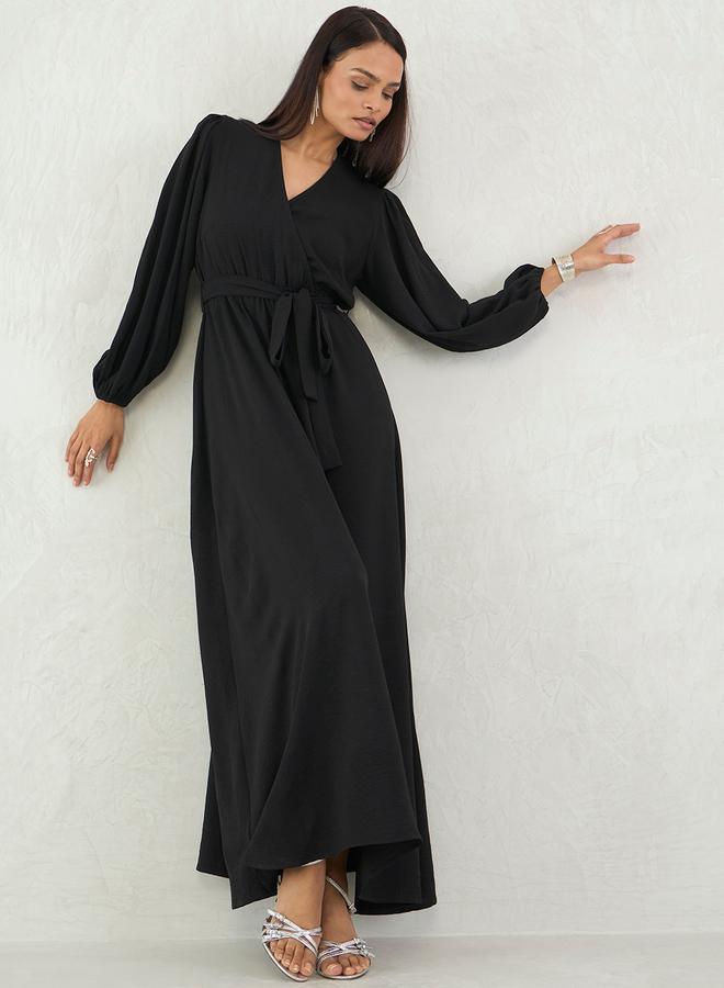 Femmella Black Solid V Neck Wrap Look A-Line Maxi Dress - Image 5