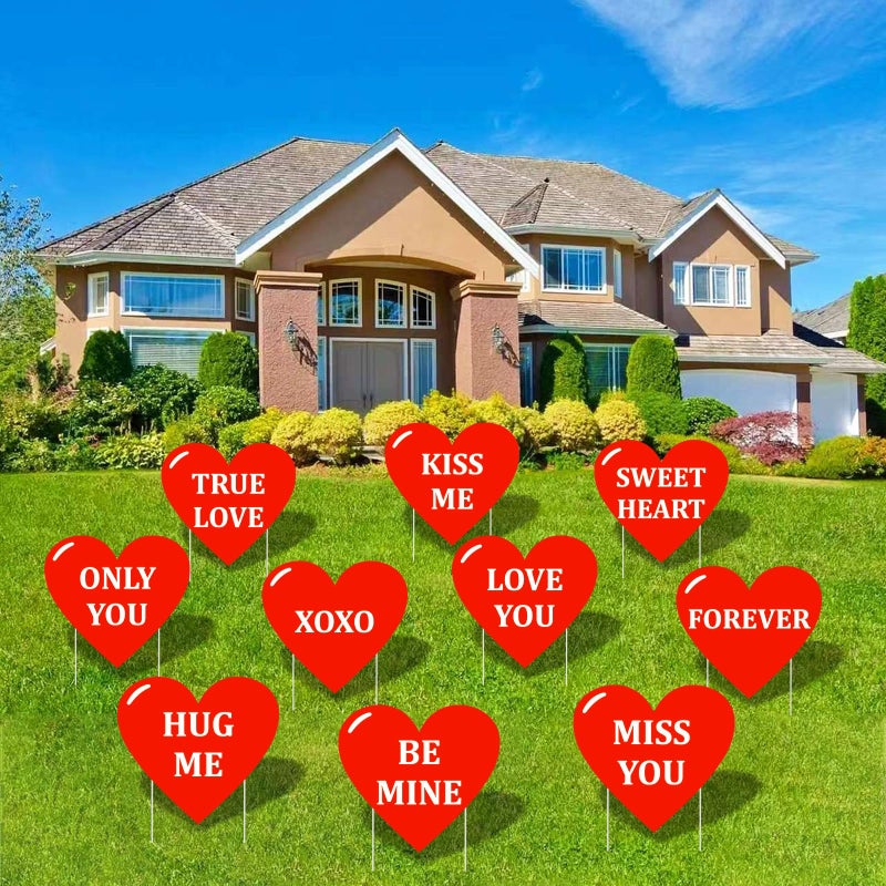 PhyLence 10-Piece Valentine Heart Yard Signs with Stakes Decorations â€“ Assorted Red Heart Messages 12 Inches Large Outdoor Valentine Sweetheart Signs for Lawn, Garden, Driveway, and Romantic Party DÃ©cor - Image 1